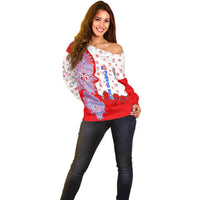 Puerto Rico Christmas Off Shoulder Sweater with Taino Symbols Palm Tree Bongos and Holiday Pattern Design - Wonder Print Shop