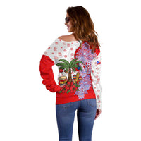 Puerto Rico Christmas Off Shoulder Sweater with Taino Symbols Palm Tree Bongos and Holiday Pattern Design - Wonder Print Shop