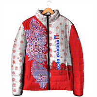 Puerto Rico Christmas Padded Jacket with Taino Symbols Palm Tree Bongos and Holiday Pattern Design - Wonder Print Shop