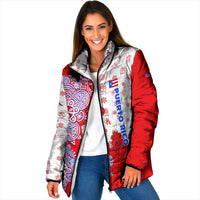 Puerto Rico Christmas Padded Jacket with Taino Symbols Palm Tree Bongos and Holiday Pattern Design - Wonder Print Shop