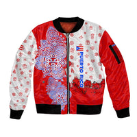Puerto Rico Christmas Sleeve Zip Bomber Jacket with Taino Symbols Palm Tree Bongos and Holiday Pattern Design - Wonder Print Shop
