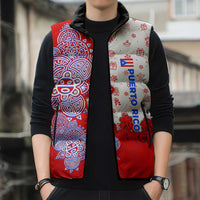 Puerto Rico Christmas Sleeveless Puffer Jacket with Taino Symbols Palm Tree Bongos and Holiday Pattern Design - Wonder Print Shop