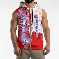 Puerto Rico Christmas Sleeveless Zip Hoodie with Taino Symbols Palm Tree Bongos and Holiday Pattern Design - Wonder Print Shop