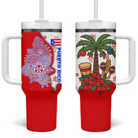 Puerto Rico Christmas Tumbler With Handle with Taino Symbols Palm Tree Bongos and Holiday Pattern Design - Wonder Print Shop