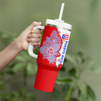 Puerto Rico Christmas Tumbler With Handle with Taino Symbols Palm Tree Bongos and Holiday Pattern Design - Wonder Print Shop
