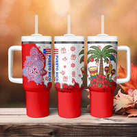 Puerto Rico Christmas Tumbler With Handle with Taino Symbols Palm Tree Bongos and Holiday Pattern Design - Wonder Print Shop