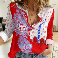 Puerto Rico Christmas Women Casual Shirt with Taino Symbols Palm Tree Bongos and Holiday Pattern Design - Wonder Print Shop