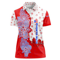 Puerto Rico Christmas Women Polo Shirt with Taino Symbols Palm Tree Bongos and Holiday Pattern Design - Wonder Print Shop