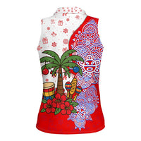 Puerto Rico Christmas Women Sleeveless Polo Shirt with Taino Symbols Palm Tree Bongos and Holiday Pattern Design - Wonder Print Shop