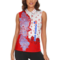 Puerto Rico Christmas Women Sleeveless Polo Shirt with Taino Symbols Palm Tree Bongos and Holiday Pattern Design - Wonder Print Shop
