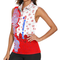 Puerto Rico Christmas Women Sleeveless Polo Shirt with Taino Symbols Palm Tree Bongos and Holiday Pattern Design - Wonder Print Shop