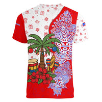Puerto Rico Christmas Women V-Neck T-Shirt with Taino Symbols Palm Tree Bongos and Holiday Pattern Design - Wonder Print Shop
