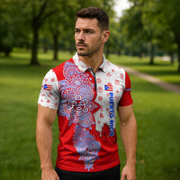 Puerto Rico Christmas Zipper Polo Shirt with Taino Symbols Palm Tree Bongos and Holiday Pattern Design - Wonder Print Shop