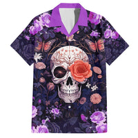 Hawaiian shirt front with purple collar, skull face, red rose and butterfly floral print