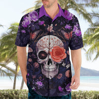 Hawaiian shirt on adult model, short sleeves, purple trim, skull, roses, and purple floral print