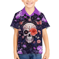 Kids' Hawaiian shirt, short sleeves, purple collar, skull and rose floral graphic