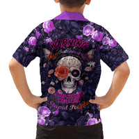 Kids' Hawaiian shirt back view, purple collar, skull and roses with warning lettering
