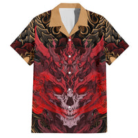 Hawaiian shirt in red and black with skull face graphic, button front, tan collar