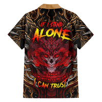 Hawaiian shirt in dark black with gold swirls, red skull, back 'ALONE' text