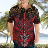 Hawaiian shirt with red-black skull print, short sleeves, tan collar, button placket