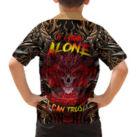 Hawaiian shirt, back view in dark black with gold swirls, red skull, 'CAN TRUST' text