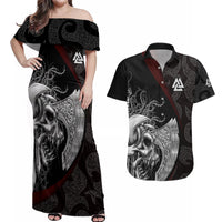 Viking Valhalla Couples Matching Off Shoulder Maxi Dress and Hawaiian Shirt Skull And Axe - Wonder Print Shop