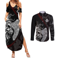 Viking Valhalla Couples Matching Summer Maxi Dress and Long Sleeve Button Shirts Skull And Axe - Wonder Print Shop