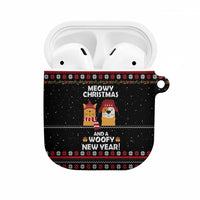 Meowy Christmas Woofy New Year AirPods Case with Cat and Dog in Winter Hats and Festive Pattern Design - Wonder Print Shop