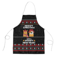 Meowy Christmas Woofy New Year Apron with Cat and Dog in Winter Hats and Festive Pattern Design - Wonder Print Shop
