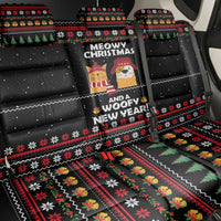 Meowy Christmas Woofy New Year Back Car Seat Cover with Cat and Dog in Winter Hats and Festive Pattern Design - Wonder Print Shop