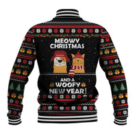 Meowy Christmas Woofy New Year Baseball Jacket with Cat and Dog in Winter Hats and Festive Pattern Design - Wonder Print Shop