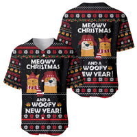Meowy Christmas Woofy New Year Baseball Jersey with Cat and Dog in Winter Hats and Festive Pattern Design - Wonder Print Shop
