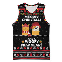 Meowy Christmas Woofy New Year Basketball Jersey with Cat and Dog in Winter Hats and Festive Pattern Design - Wonder Print Shop