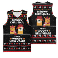 Meowy Christmas Woofy New Year Basketball Jersey with Cat and Dog in Winter Hats and Festive Pattern Design - Wonder Print Shop