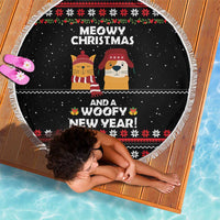 Meowy Christmas Woofy New Year Beach Blanket with Cat and Dog in Winter Hats and Festive Pattern Design - Wonder Print Shop