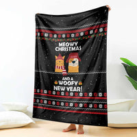 Meowy Christmas Woofy New Year Blanket with Cat and Dog in Winter Hats and Festive Pattern Design - Wonder Print Shop