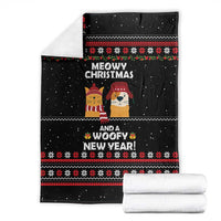 Meowy Christmas Woofy New Year Blanket with Cat and Dog in Winter Hats and Festive Pattern Design - Wonder Print Shop