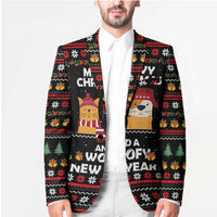 Meowy Christmas Woofy New Year Blazer with Cat and Dog in Winter Hats and Festive Pattern Design - Wonder Print Shop