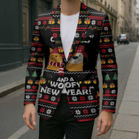 Meowy Christmas Woofy New Year Blazer with Cat and Dog in Winter Hats and Festive Pattern Design - Wonder Print Shop