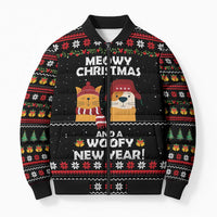 Meowy Christmas Woofy New Year Bomber Puffer Jacket with Cat and Dog in Winter Hats and Festive Pattern Design - Wonder Print Shop