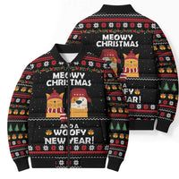 Meowy Christmas Woofy New Year Bomber Puffer Jacket with Cat and Dog in Winter Hats and Festive Pattern Design - Wonder Print Shop