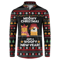 Meowy Christmas Woofy New Year Button Sweatshirt with Cat and Dog in Winter Hats and Festive Pattern Design - Wonder Print Shop