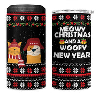 Meowy Christmas Woofy New Year 4 in 1 Can Cooler Tumbler with Cat and Dog in Winter Hats and Festive Pattern Design - Wonder Print Shop