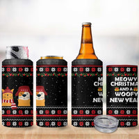Meowy Christmas Woofy New Year 4 in 1 Can Cooler Tumbler with Cat and Dog in Winter Hats and Festive Pattern Design - Wonder Print Shop