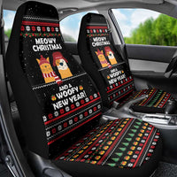 Meowy Christmas Woofy New Year Car Seat Cover with Cat and Dog in Winter Hats and Festive Pattern Design - Wonder Print Shop