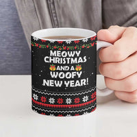 Meowy Christmas Woofy New Year Ceramic Mug with Cat and Dog in Winter Hats and Festive Pattern Design - Wonder Print Shop