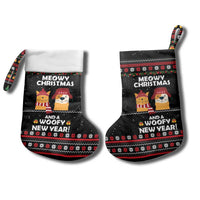Meowy Christmas Woofy New Year Christmas Stocking with Cat and Dog in Winter Hats and Festive Pattern Design - Wonder Print Shop