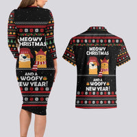 Meowy Christmas Woofy New Year Couples Matching Long Sleeve Bodycon Dress and Hawaiian Shirt with Cat and Dog in Winter Hats and Festive Pattern Design - Wonder Print Shop