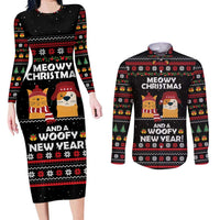 Meowy Christmas Woofy New Year Couples Matching Long Sleeve Bodycon Dress and Long Sleeve Button Shirt with Cat and Dog in Winter Hats and Festive Pattern Design - Wonder Print Shop