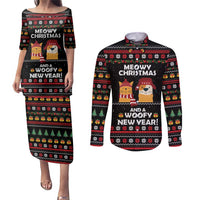 Meowy Christmas Woofy New Year Couples Matching Puletasi and Long Sleeve Button Shirt with Cat and Dog in Winter Hats and Festive Pattern Design - Wonder Print Shop
